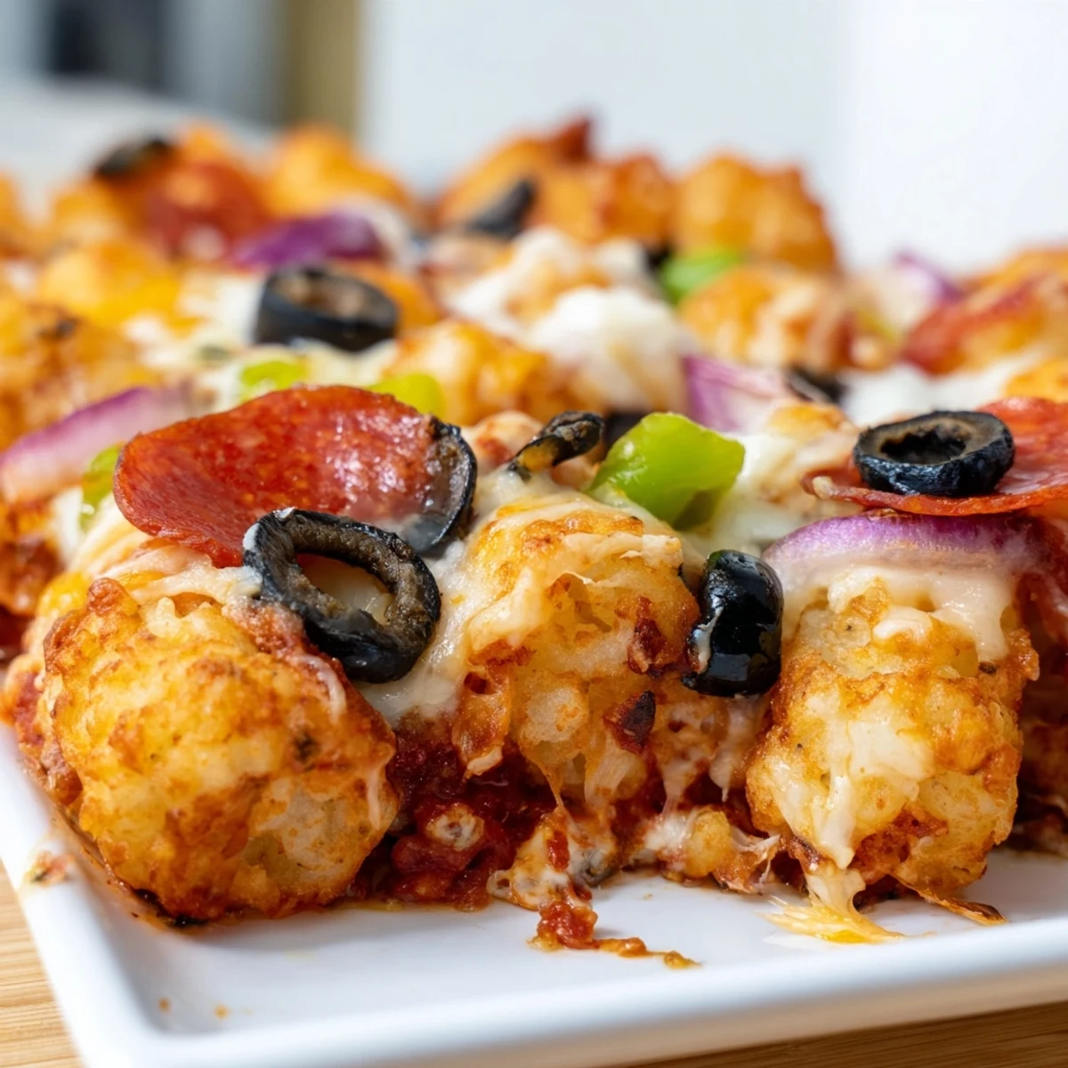 Golden-brown crispy tater tots are layered with melty mozzarella and pepperoni for Cheesy Pizza Tot Casserole.