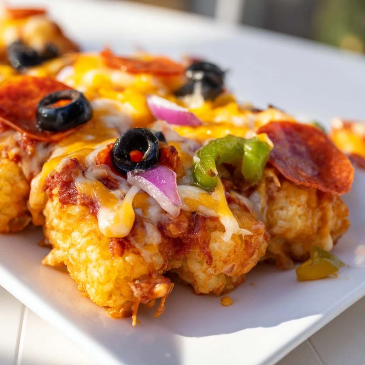 Freshly baked Cheesy Pizza Tot Casserole features bubbly cheese and veggies served on a wooden table.