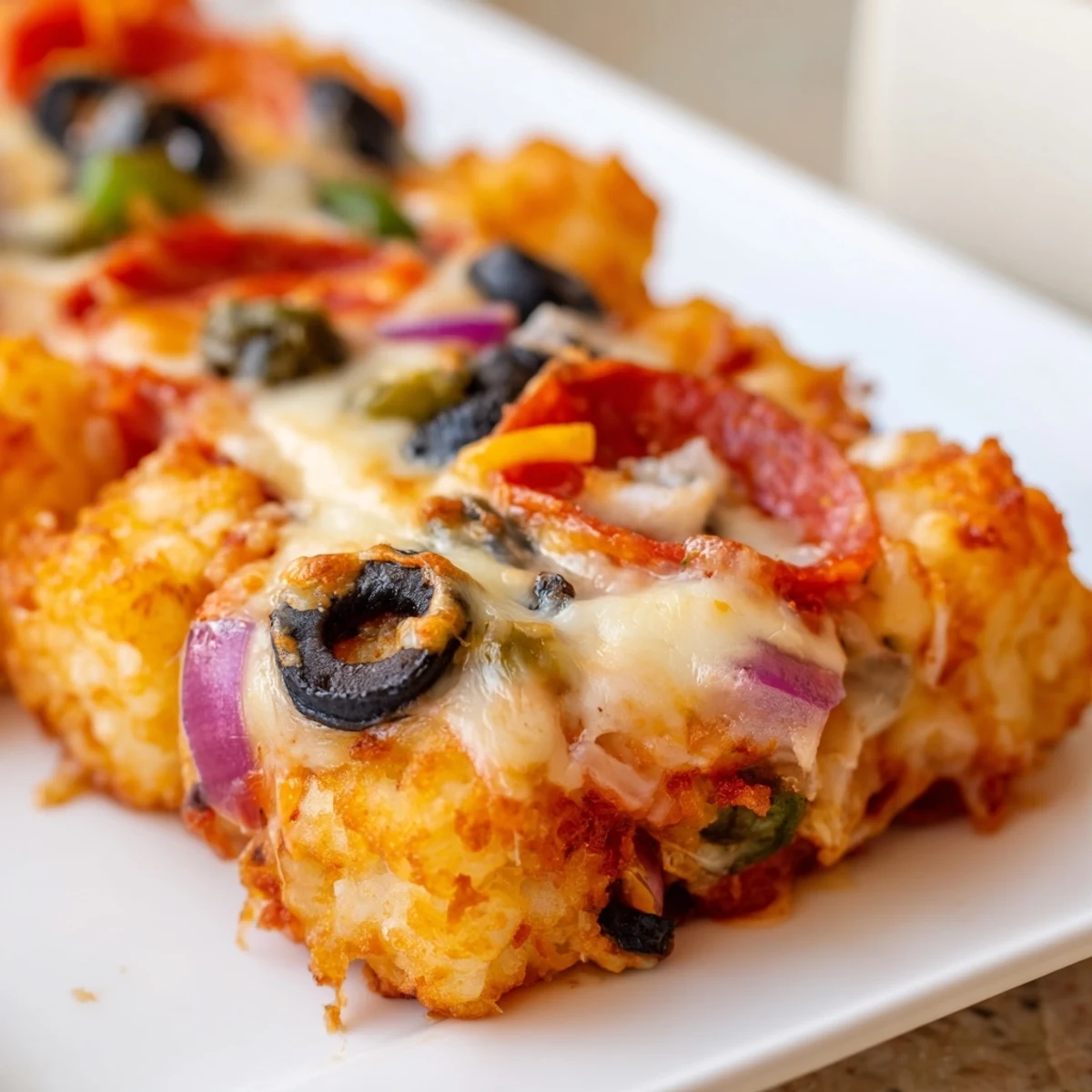 Family-style Cheesy Pizza Tot Casserole is pulled from the oven with golden crust and rich sauce.