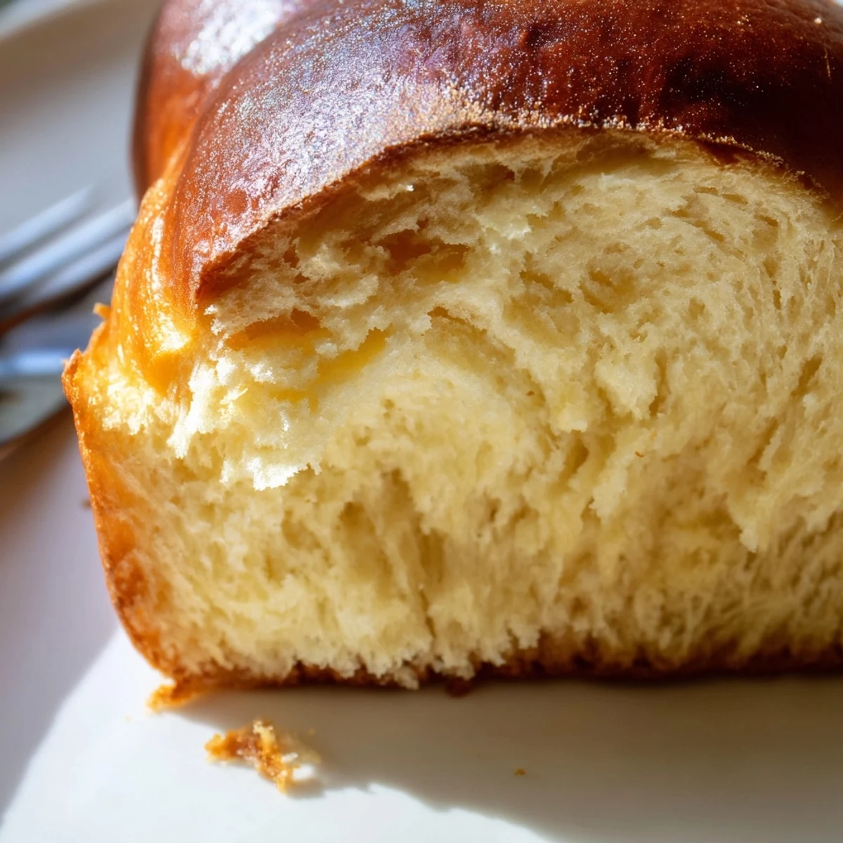 Sliced loaf of Milk Brioche – Soft Buttery French Bread Delight revealing tender, fluffy interior for breakfast.