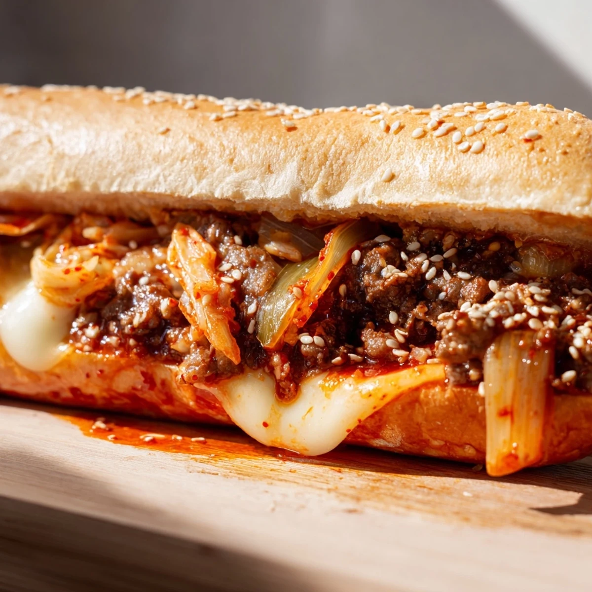Sizzling beef and kimchi mixture fills a golden toasted roll, topped with melted provolone cheese and green scallions in the Irresistible Korean Kimchi Bulgogi Cheesesteak. The sandwich is served hot on a plate with sesame seeds.