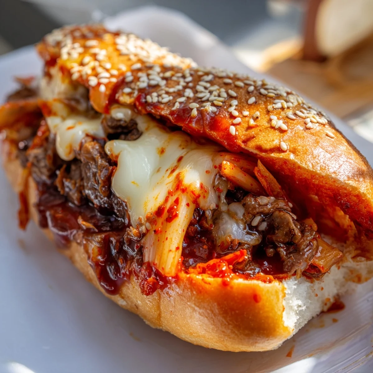 The photo shows a toasted hoagie roll stuffed with bulgogi beef and spicy kimchi, melted provolone cheese oozing over the sides. This Irresistible Korean Kimchi Bulgogi Cheesesteak is garnished with sesame seeds on a rustic wooden board.