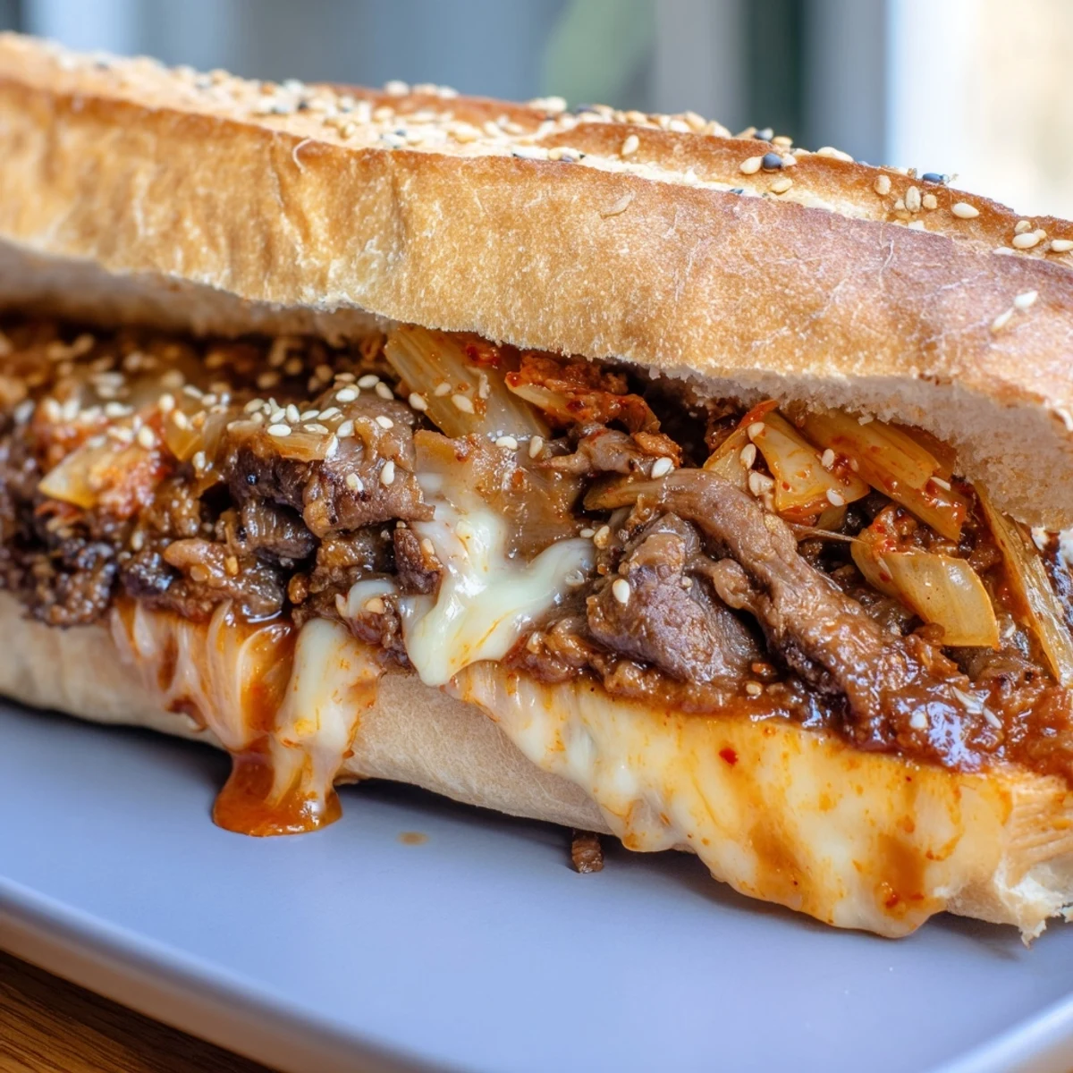 A close-up view of the Irresistible Korean Kimchi Bulgogi Cheesesteak reveals tender bulgogi beef, chopped Napa cabbage kimchi, and gooey melted cheese. The sandwich sits on a marble counter, ready to be enjoyed for dinner.