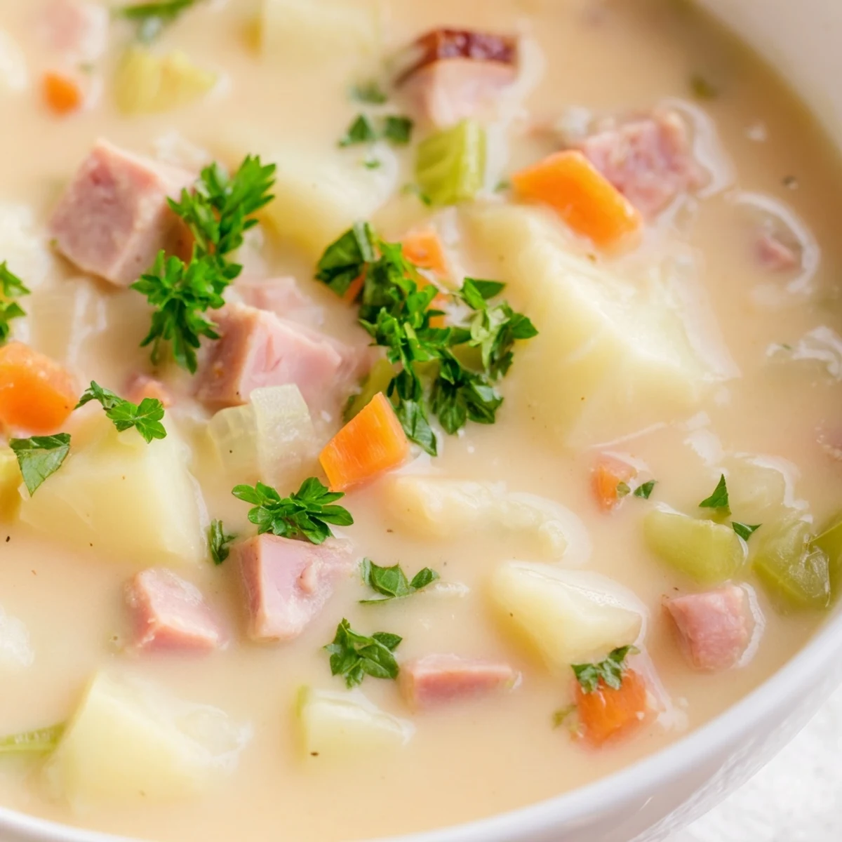 A comforting bowl of Light Ham & Potato Chowder with tender potatoes, creamy broth, and fresh parsley garnish.