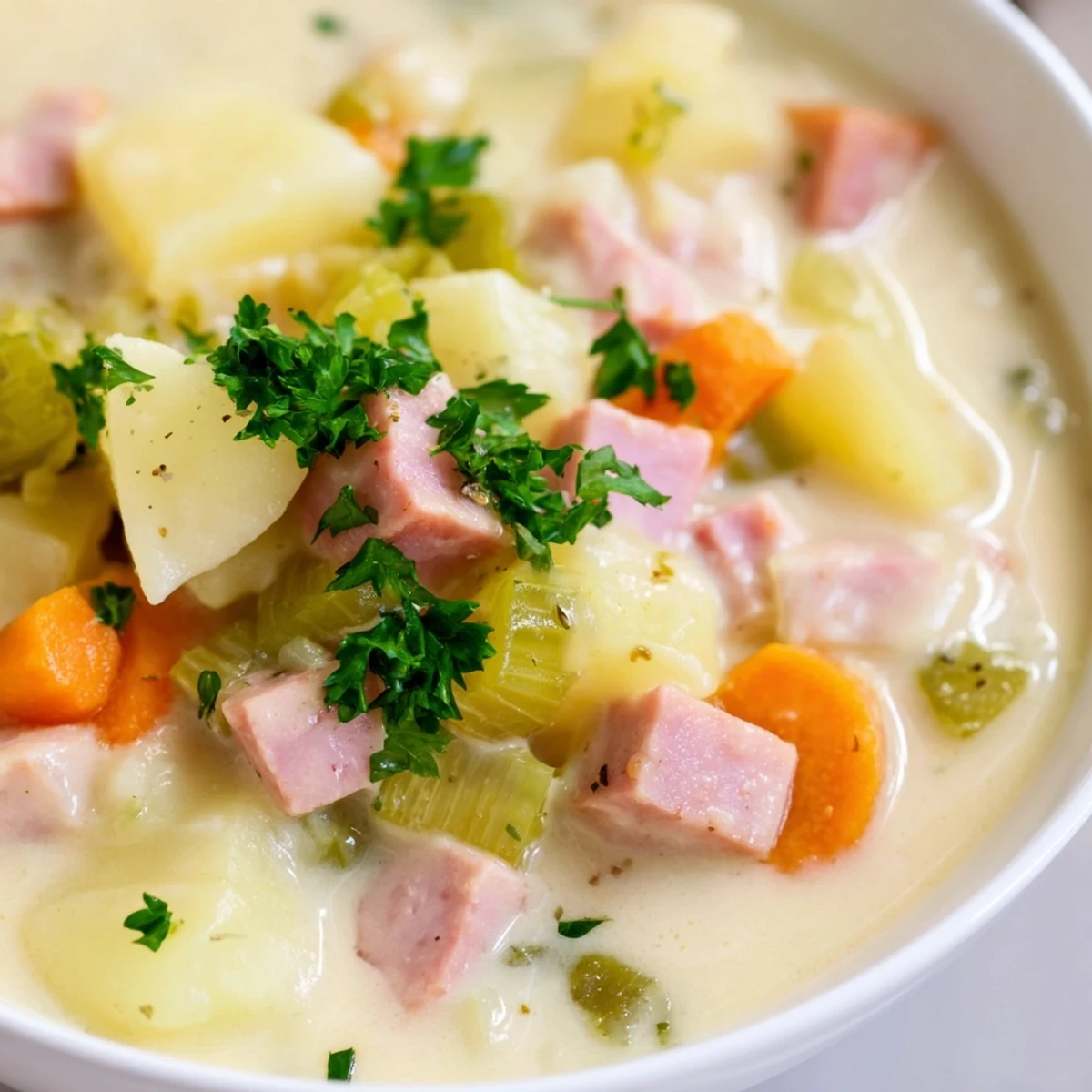 Light Ham & Potato Chowder steaming in a rustic bowl with diced ham and colorful vegetables peeking through.