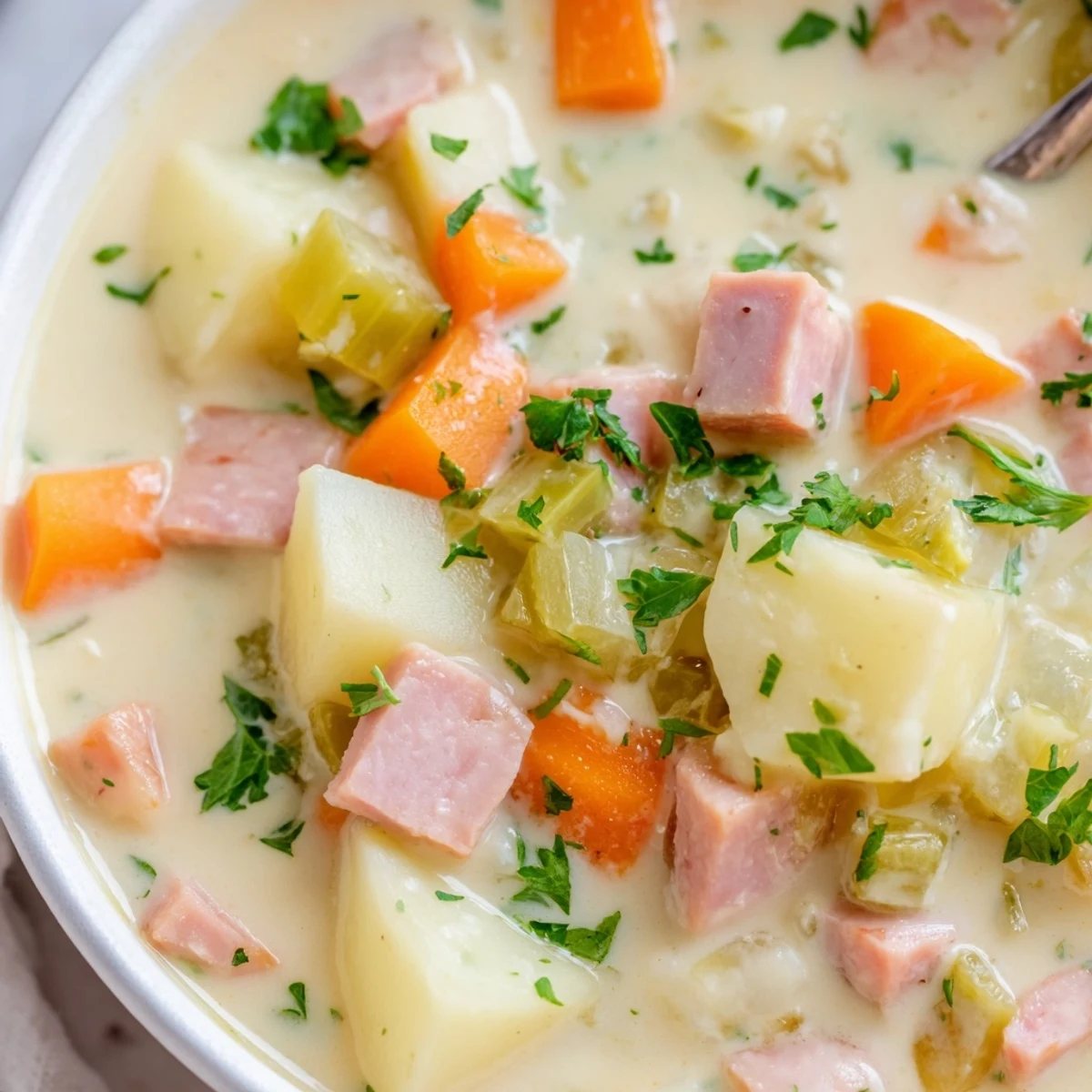 Serve Light Ham & Potato Chowder hot alongside crusty bread for a cozy, satisfying American family dinner.
