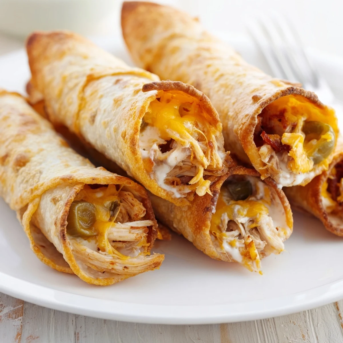 Golden-baked Dill Pickle Ranch Chicken Taquitos sit on a platter, oozing melted cheddar and tangy ranch filling.
