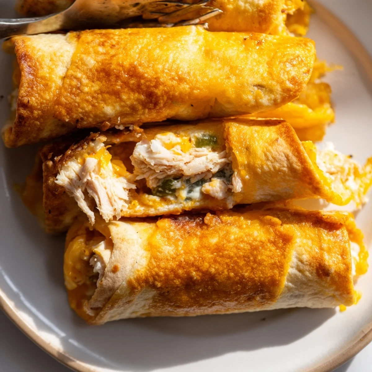 A close-up of Dill Pickle Ranch Chicken Taquitos shows golden tortillas and specks of green dill.