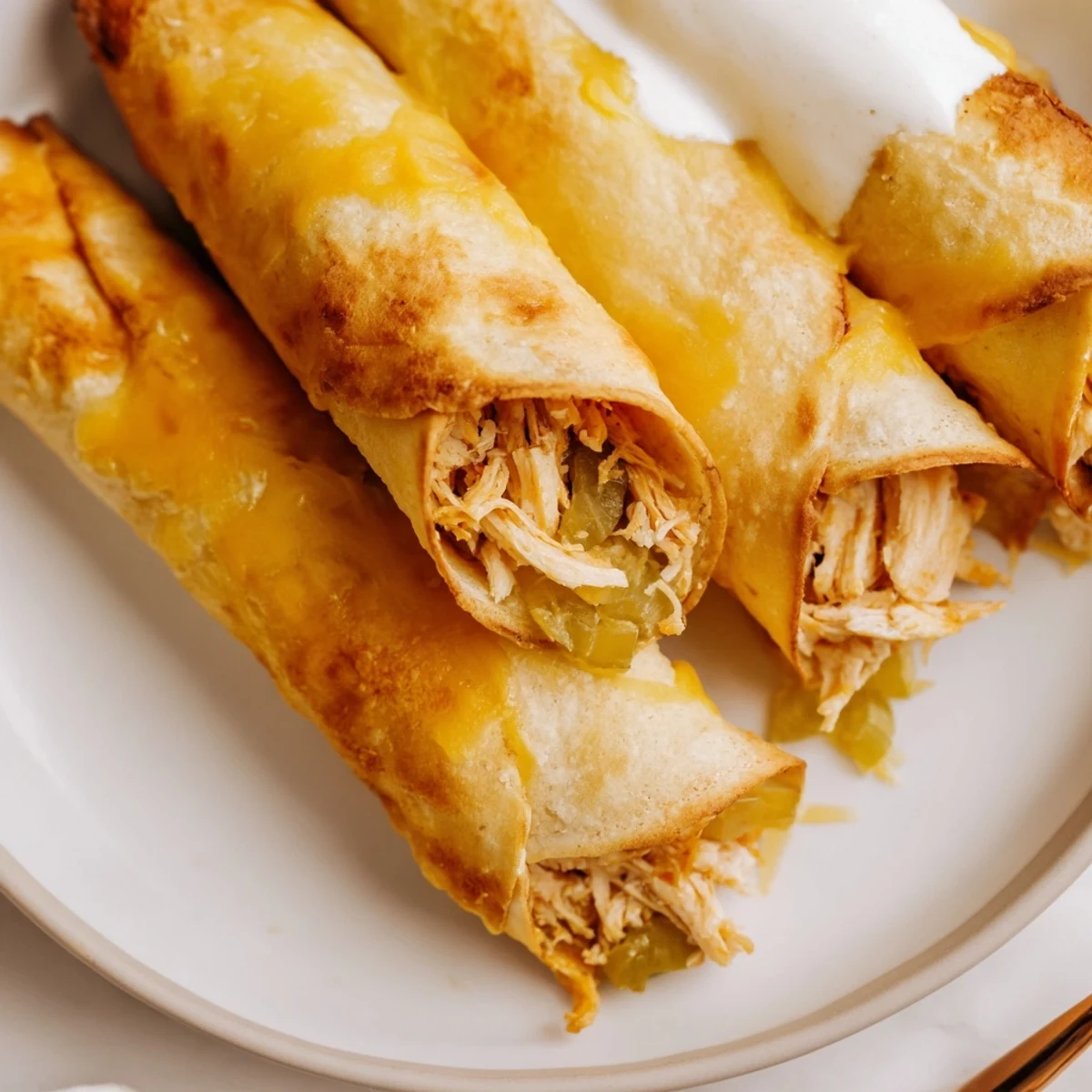 Served with creamy dipping sauce and fresh dill garnish, these crispy taquitos are perfect for a party.