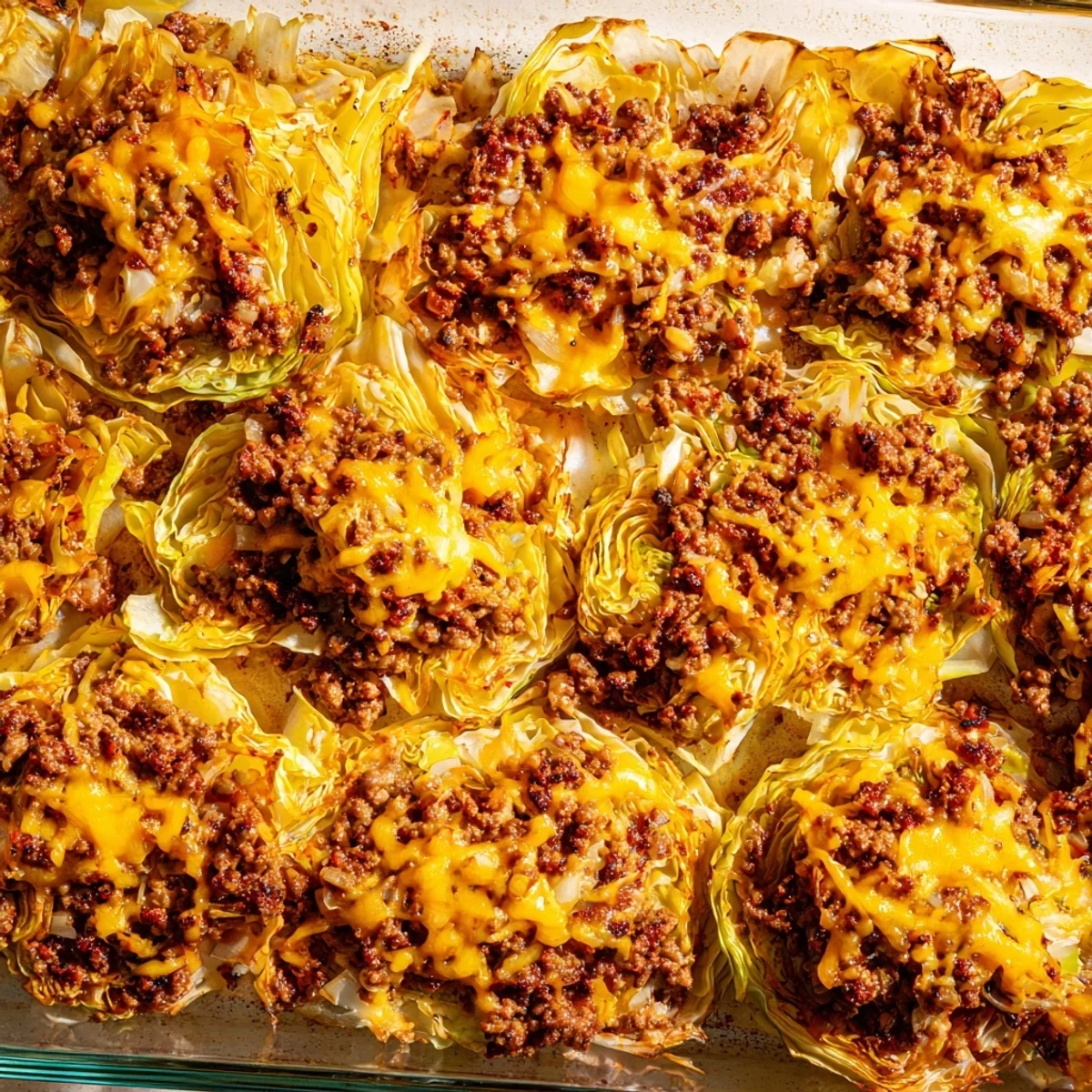 Golden-brown roasted cabbage rounds layered with savory ground beef and topped with melted cheddar cheese for Easy Crispy Cabbage Burger Bake.