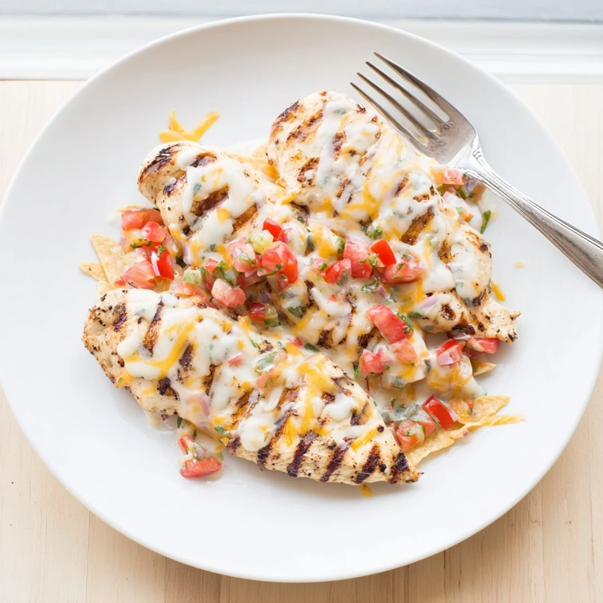 Grilled Fiesta Lime Chicken breasts topped with melted Mexican cheese and tangy Mexi-ranch sauce.