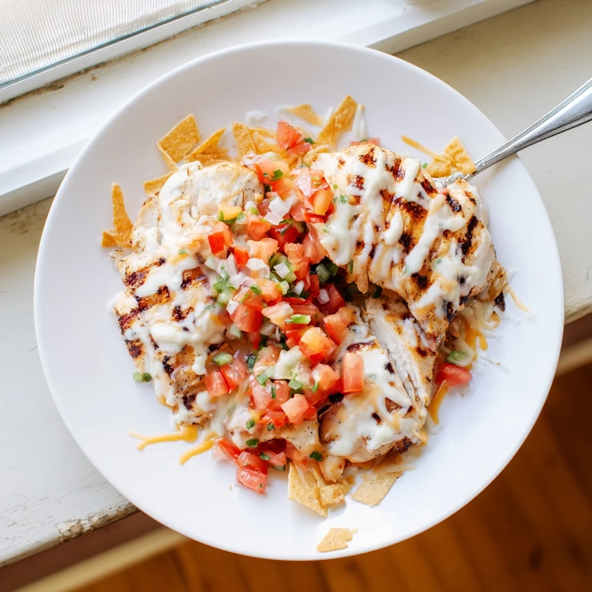 A close-up of golden Fiesta Lime Chicken served with fresh pico de gallo and crispy tortilla strips.