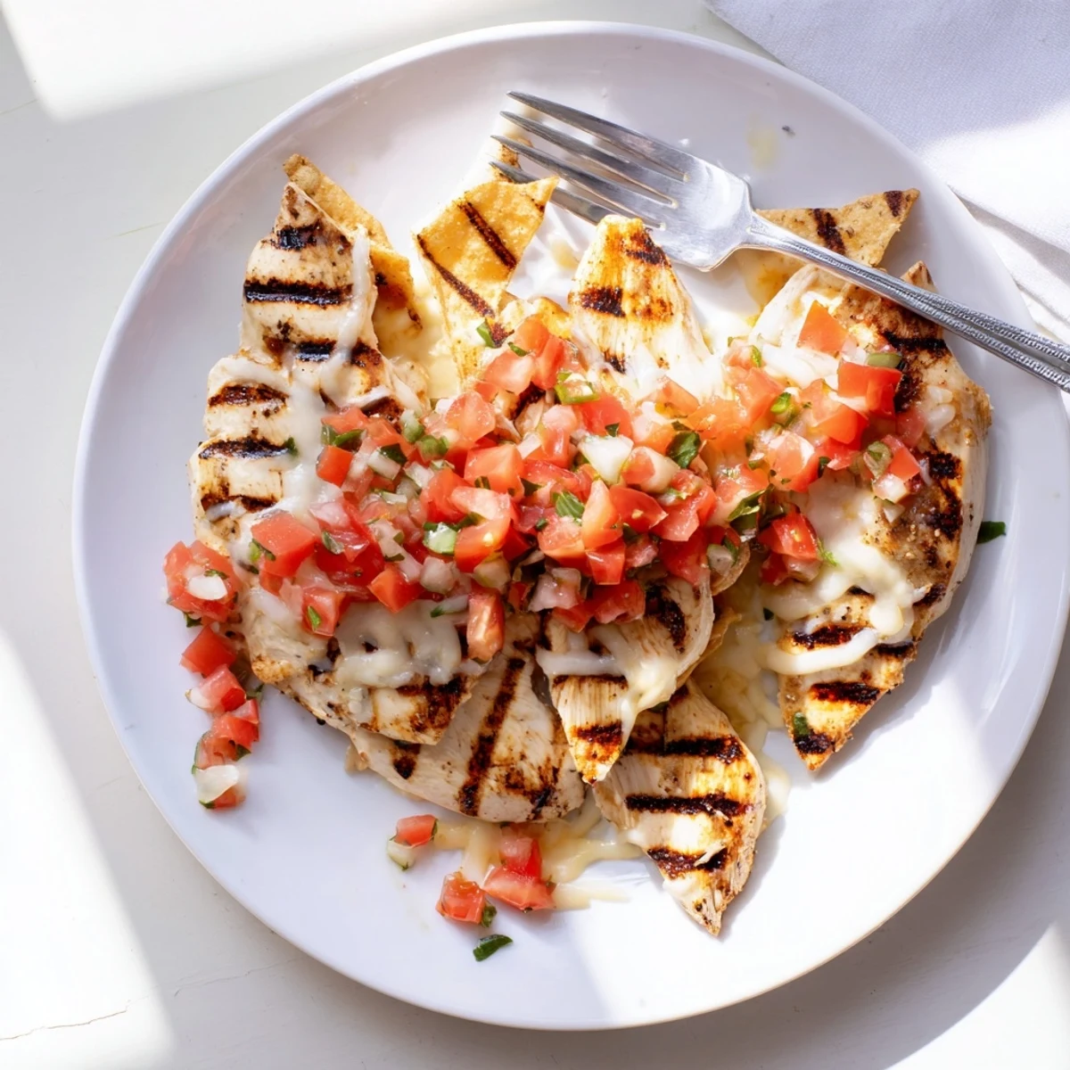 Sizzling Fiesta Lime Chicken fresh off the grill, garnished with vibrant salsa and shredded cheese.