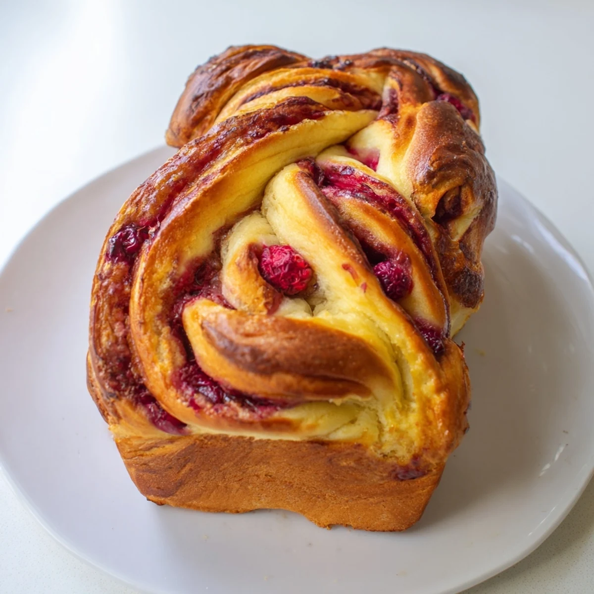 A freshly baked Raspberry Swirl Brioche Loaf reveals flaky layers and a vibrant red jam center on a rustic board.