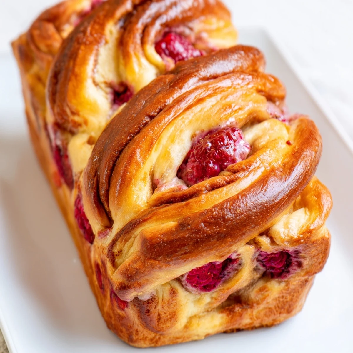 Golden crust of a homemade Raspberry Swirl Brioche Loaf, sliced to show soft buttery crumb with raspberry jam swirls.