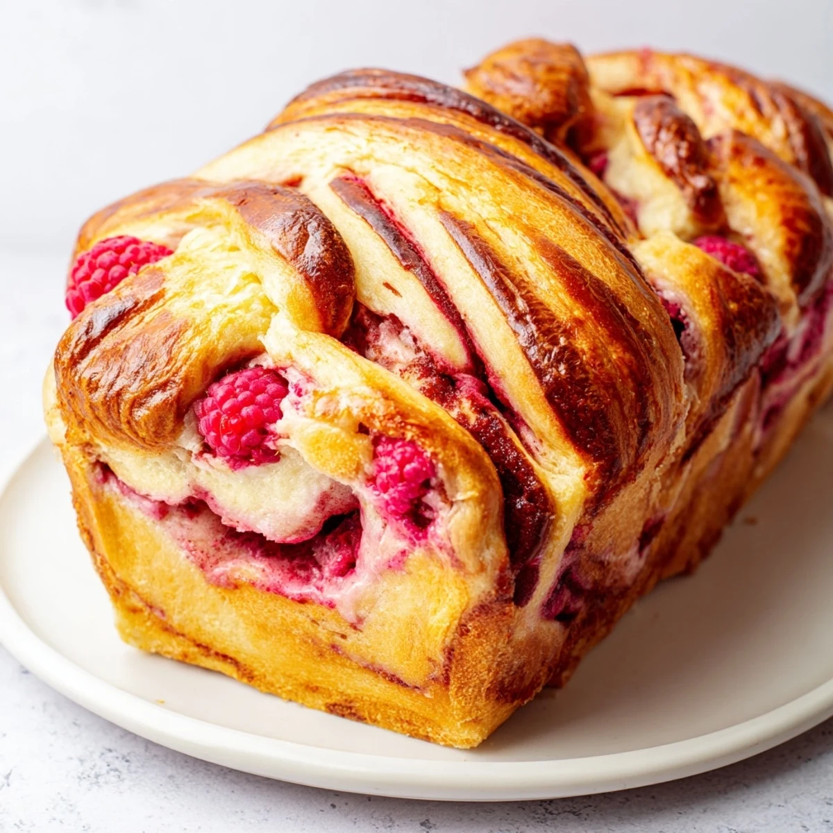 Warm Raspberry Swirl Brioche Loaf on a linen napkin, topped with fresh berries and a dusting of powdered sugar.
