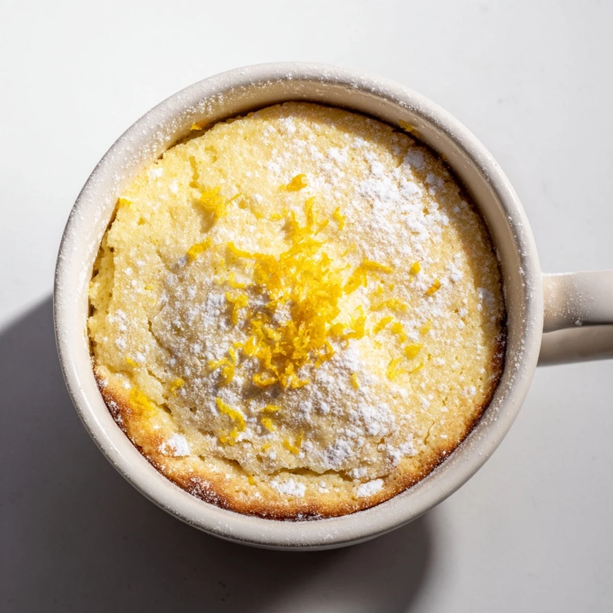A single serving Lemon Cottage Cheese Mug Cake with a fluffy, golden top, dusted with powdered sugar and bright lemon zest.