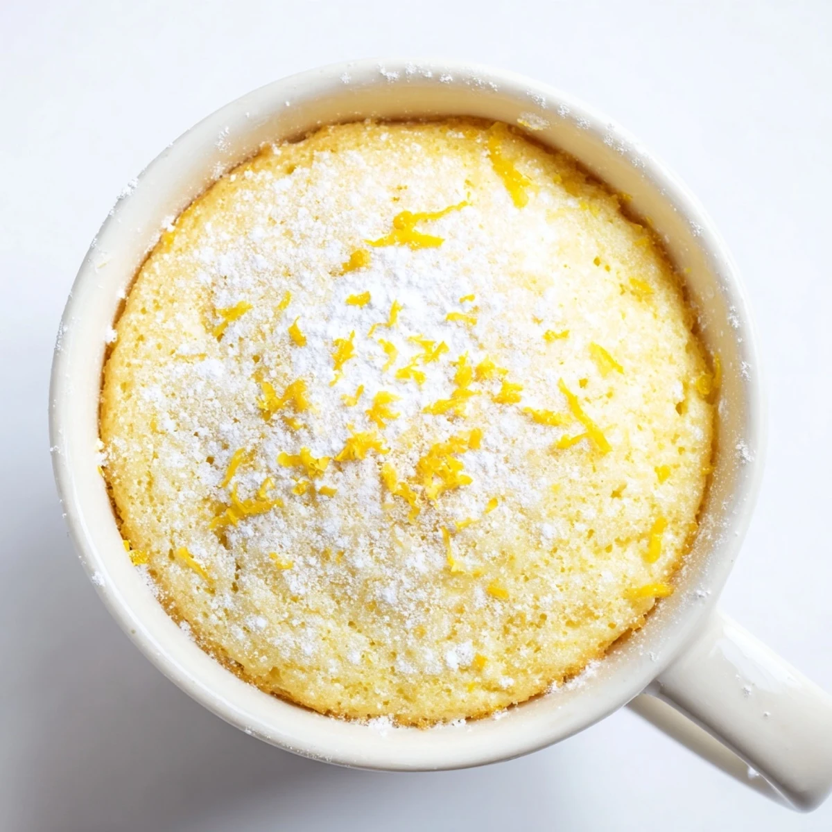 Freshly baked Lemon Cottage Cheese Mug Cake in a white ceramic mug, topped with a dollop of yogurt and extra lemon slices.