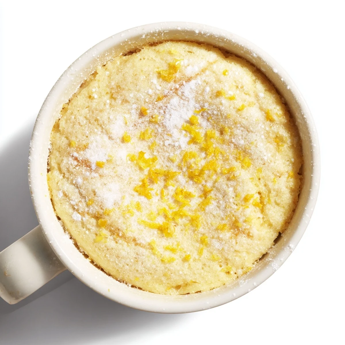 Close-up of a moist, tender Lemon Cottage Cheese Mug Cake, revealing a soft crumb studded with cottage cheese and lemon zest.