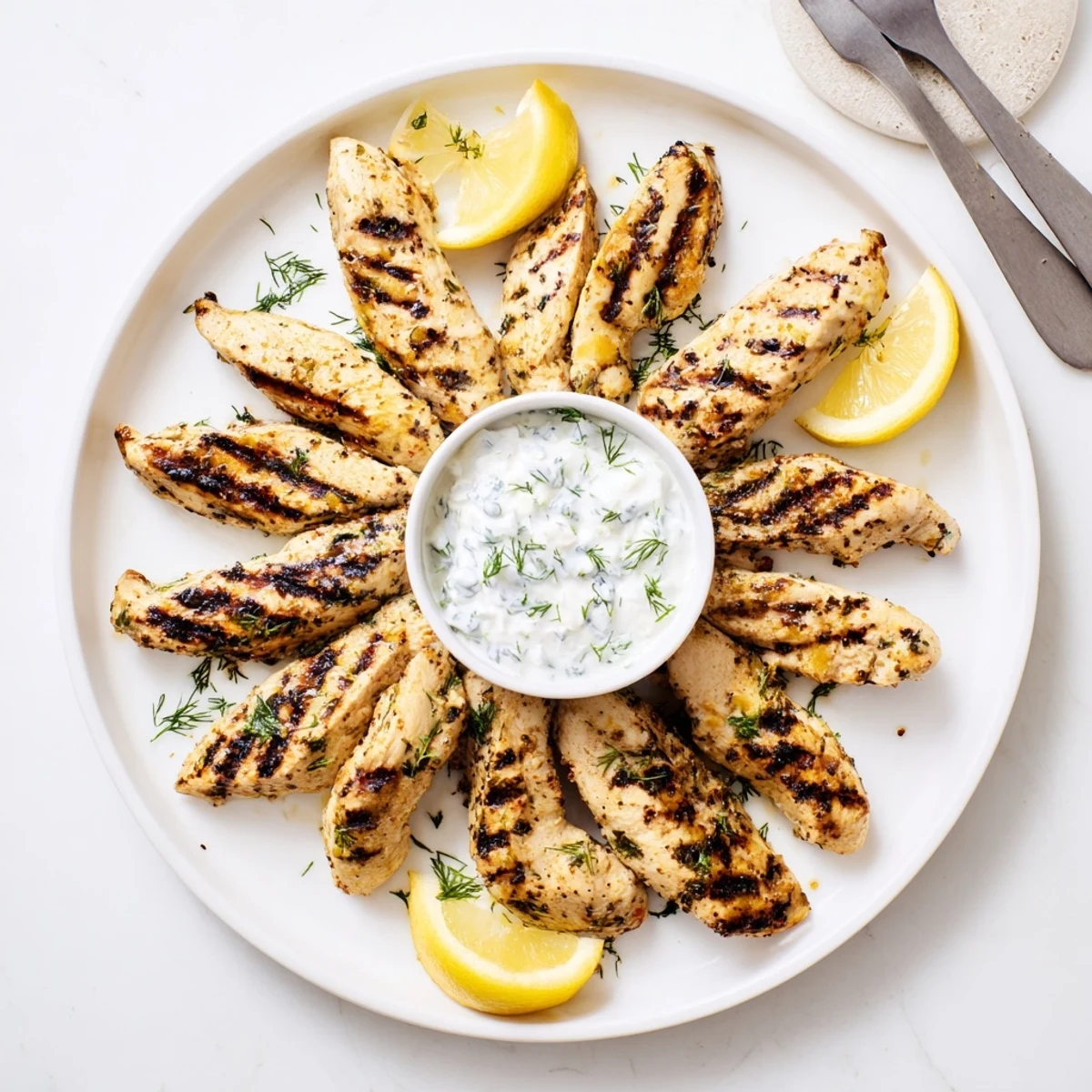 Juicy grilled Delicious Greek Chicken Tenders served with creamy yogurt sauce and lemon wedges.