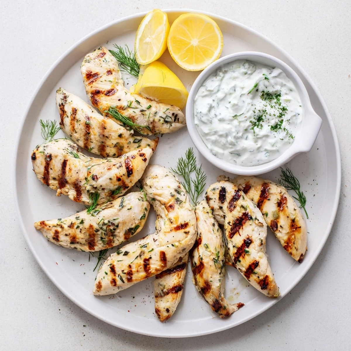 Sizzling Delicious Greek Chicken Tenders fresh off the grill, garnished with herbs and lemon.