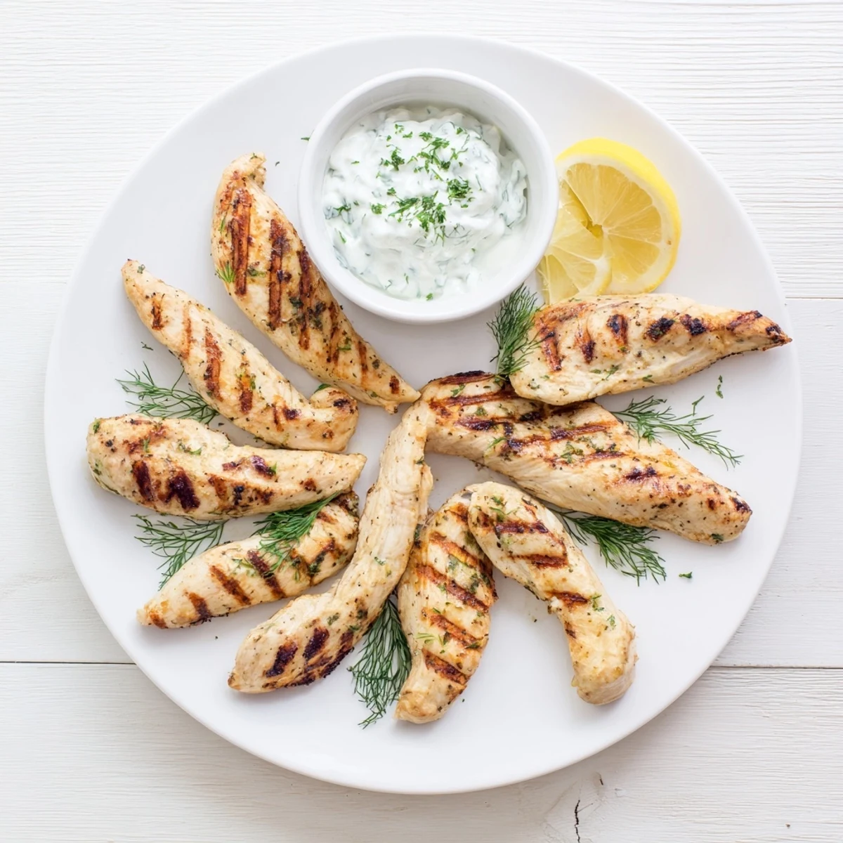 Golden Delicious Greek Chicken Tenders paired with refreshing cucumber dill yogurt dip for dipping.