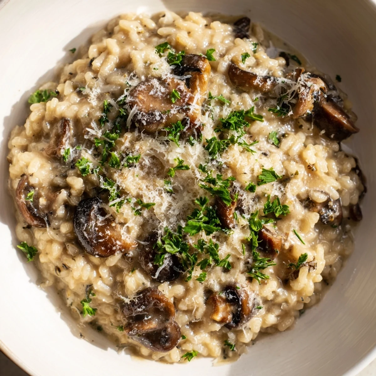 A close-up view of Creamy Mushroom Risotto in a white bowl, garnished with fresh parsley and extra Parmesan.