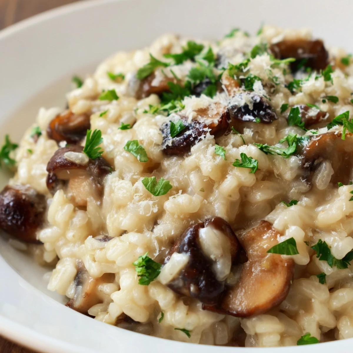 Creamy Mushroom Risotto is served steaming on a rustic wooden table, next to a glass of white wine.