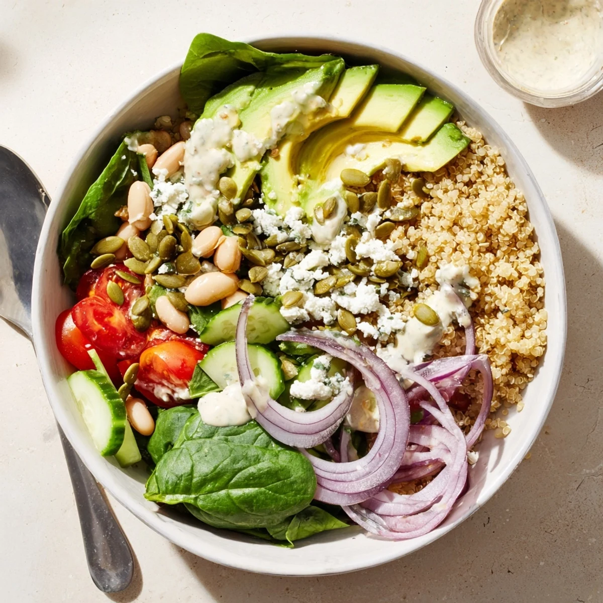 The Spinach & White Bean Ultimate Protein Power Bowl shows quinoa, spinach, white beans, tomatoes, and pumpkin seeds.