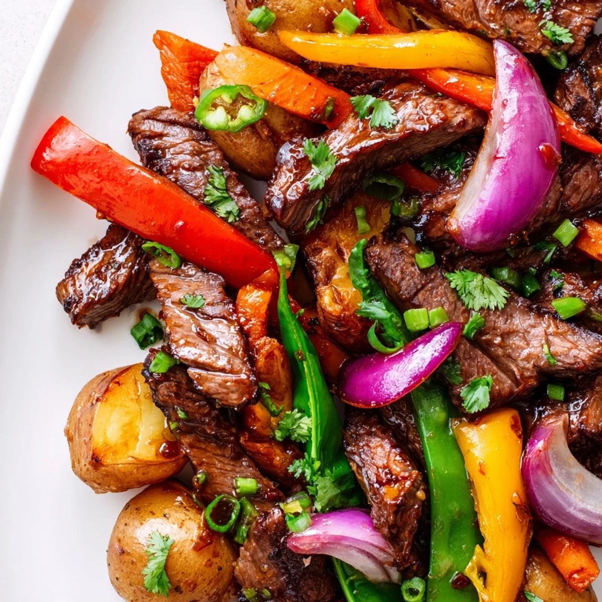 A close-up of Blackstone Cowboy Stir Fry Dinner plated with cilantro, scallions, and golden potatoes, ready to serve.