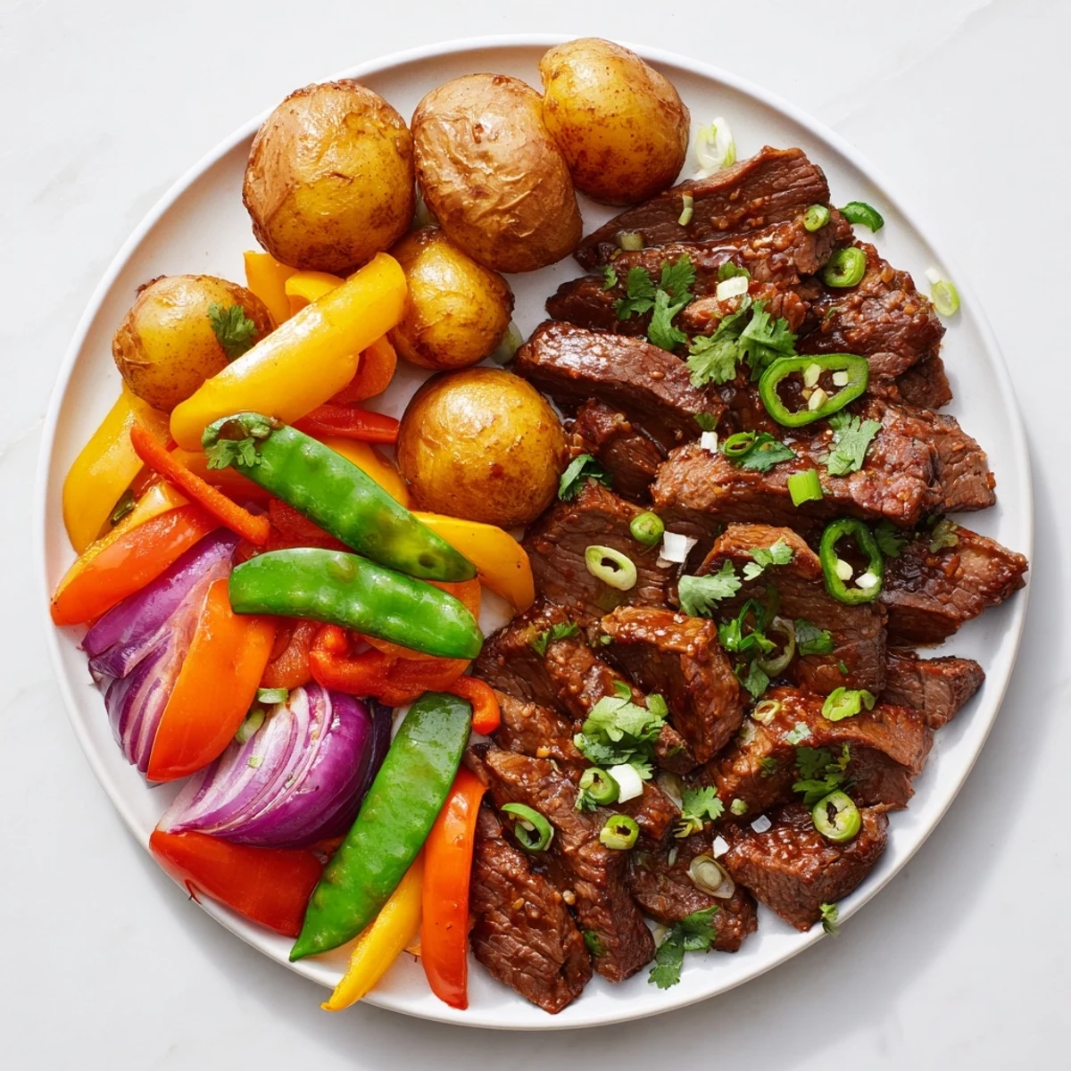 Sizzling Blackstone Cowboy Stir Fry Dinner on a griddle with colorful peppers, onions, and tender beef slices.