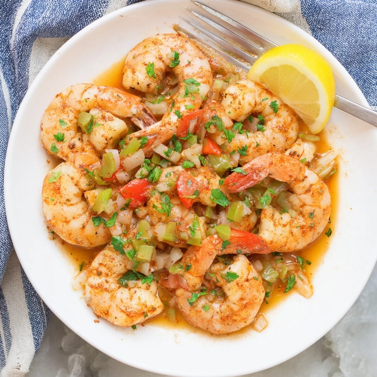 Platter of Bubba Gump Shrimp New Orleans served over steamed white rice with fresh lemon wedges.