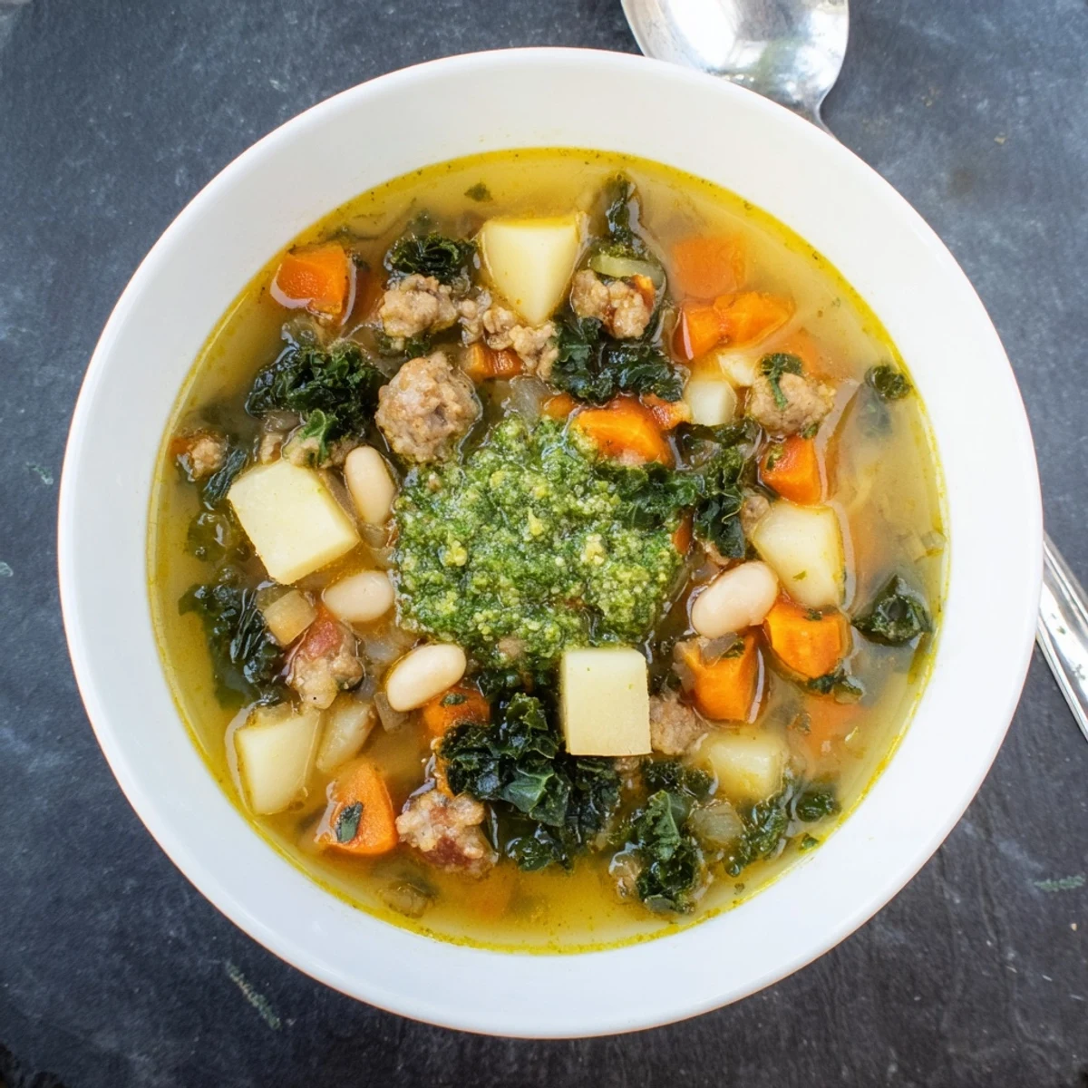 Zuppa Toscana with Basil Pesto Lemon Broth features kale, sausage, and creamy beans in a bright citrusy broth.