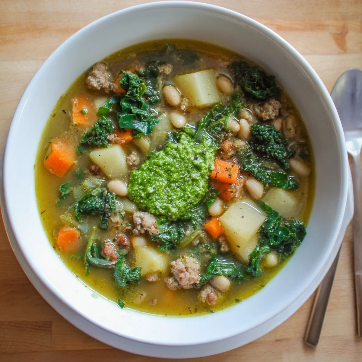 Serving Zuppa Toscana with Basil Pesto Lemon Broth topped with pesto swirl, with crusty bread alongside.