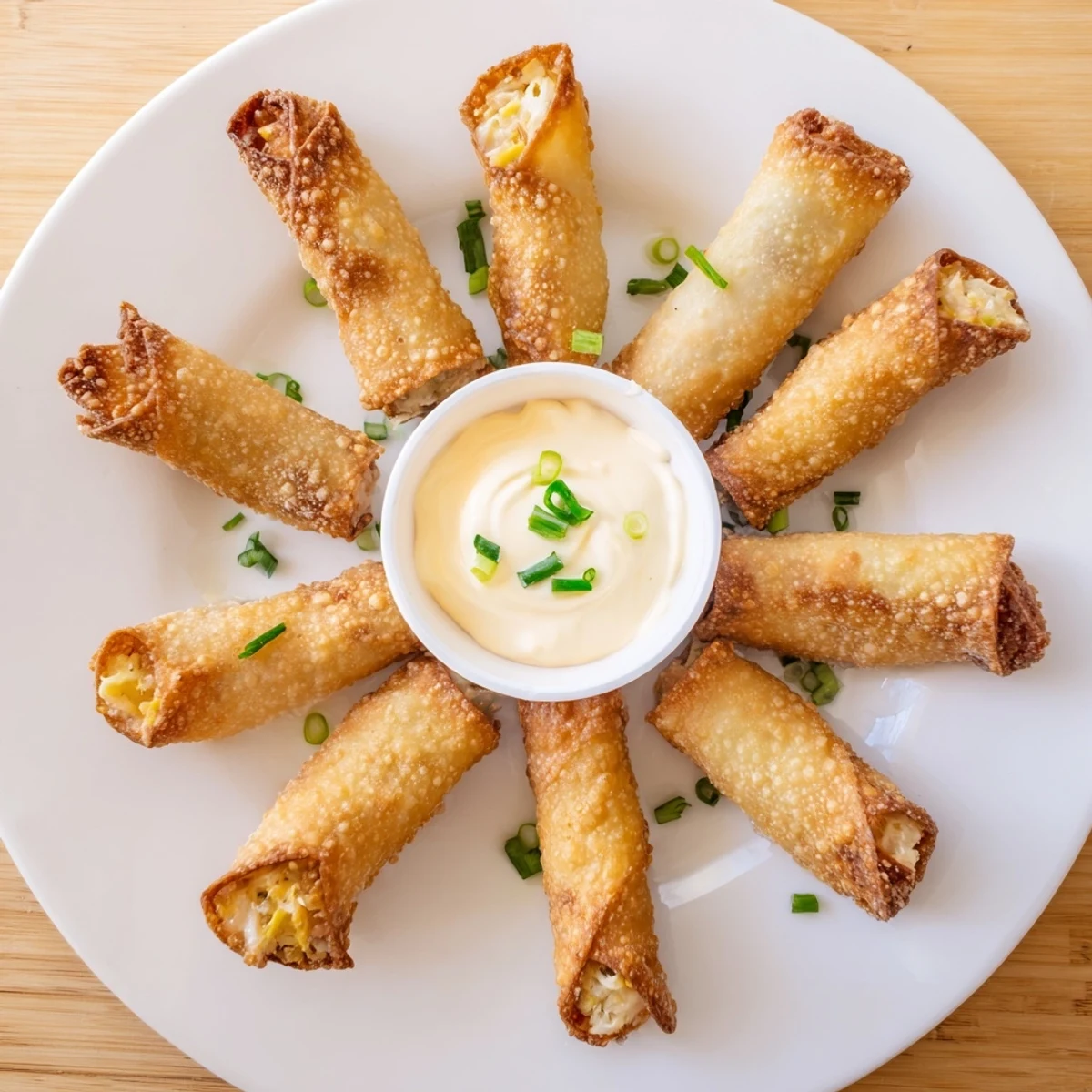 A close-up of golden-brown Crab Cake Egg Rolls shows flaky crab filling peeking from the crispy wrapper.  