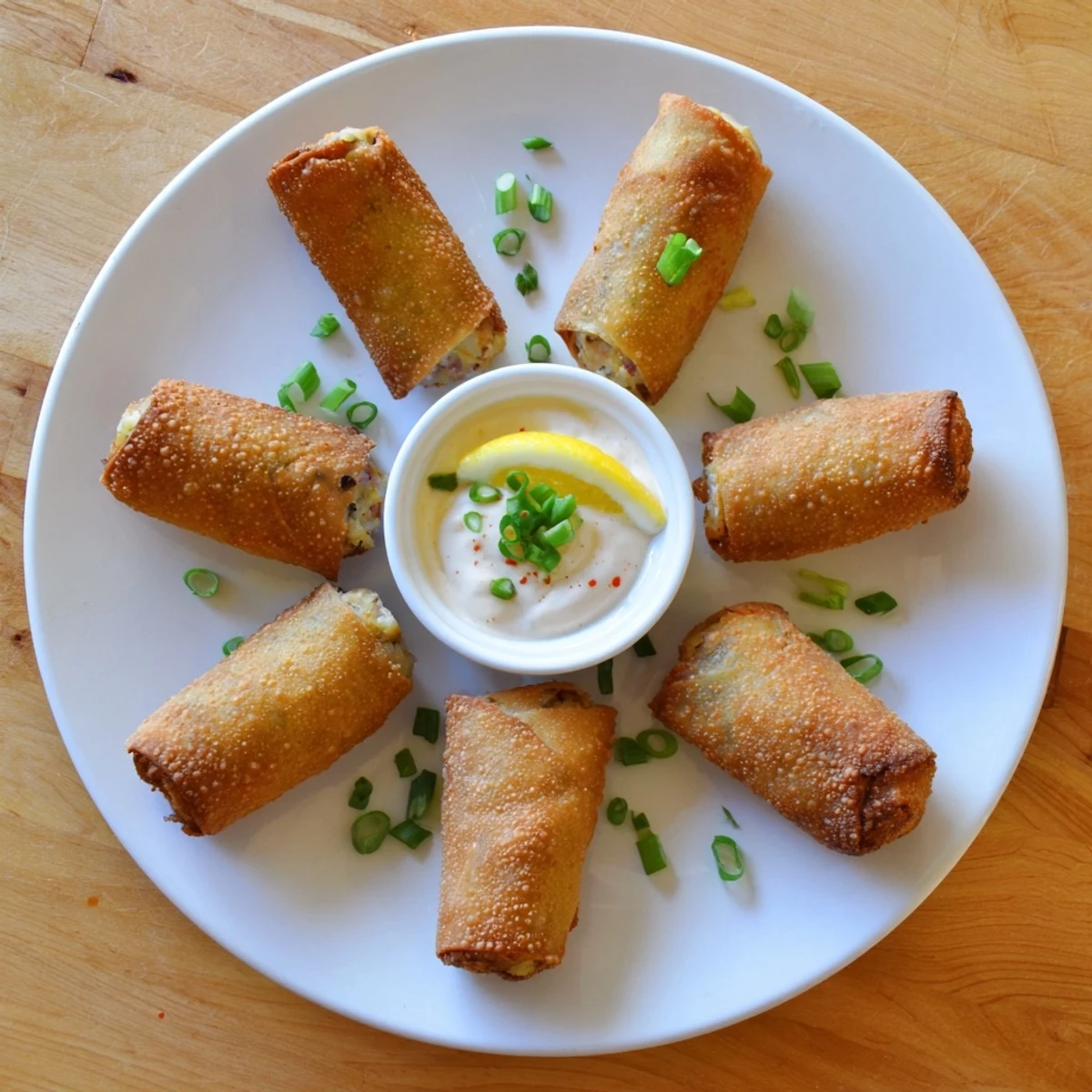 Golden, crispy Crab Cake Egg Rolls rest on a white plate next to a creamy dipping sauce.  