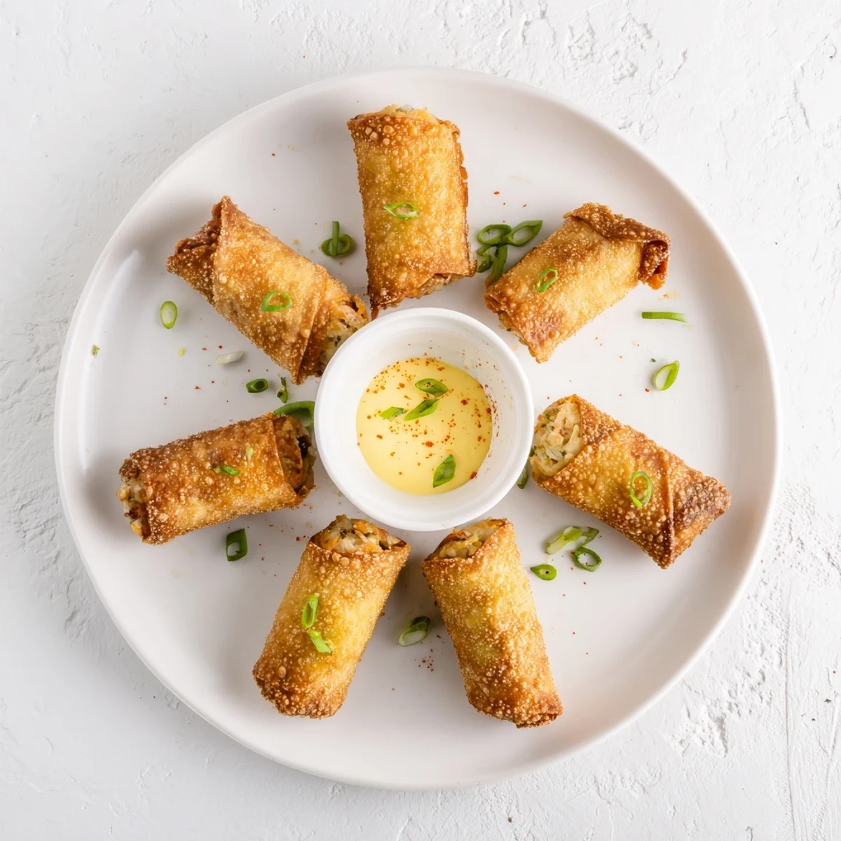 Eight freshly fried Crab Cake Egg Rolls are arranged on a platter with lemon wedges and herbs.