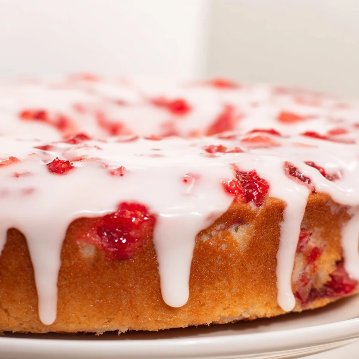 Freshly baked Moist Strawberry Milkshake Pound Cake with a glossy pink glaze and chopped berries on top.