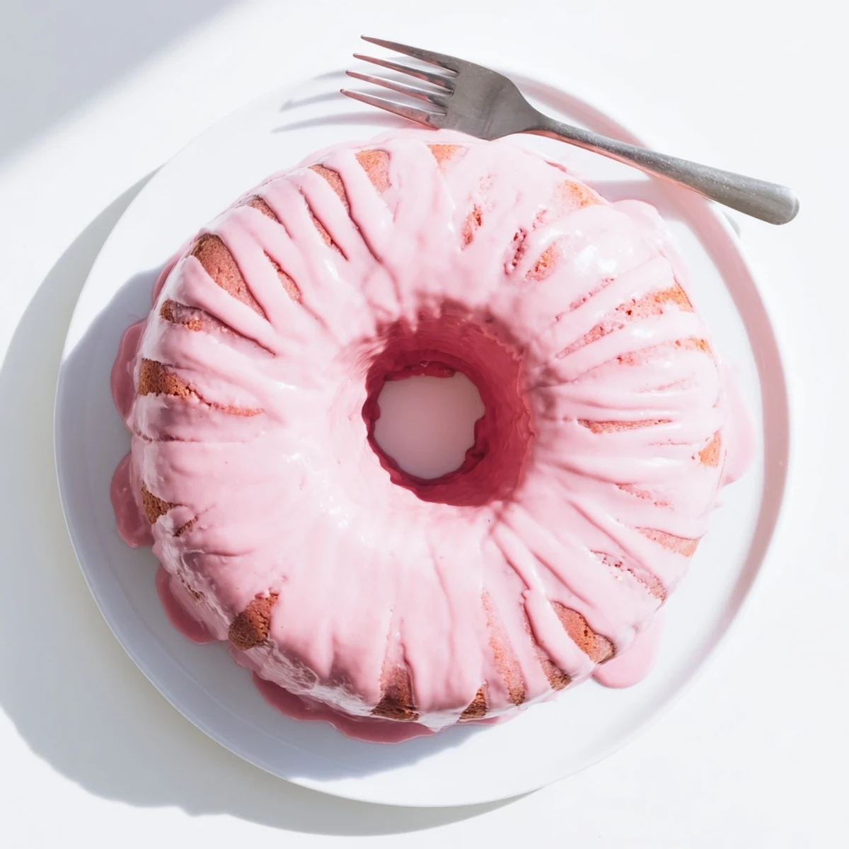 A moist strawberry milkshake pound cake with swirls of fresh berries and a creamy glaze.  