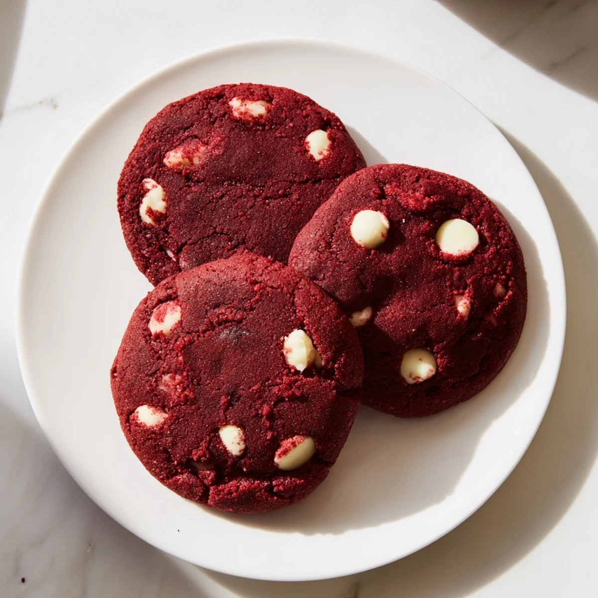 A batch of freshly baked Red Velvet Cookies with creamy white chocolate chips, perfectly chewy and vibrant red.