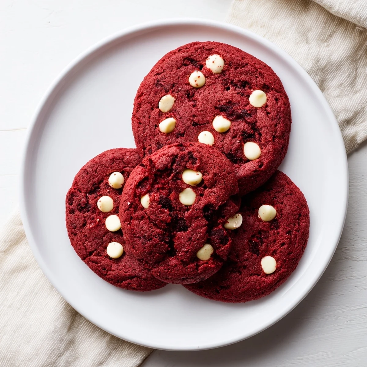 Decadent Red Velvet Cookies with a hint of cocoa and rich white chocolate, ideal for a sweet dessert snack.