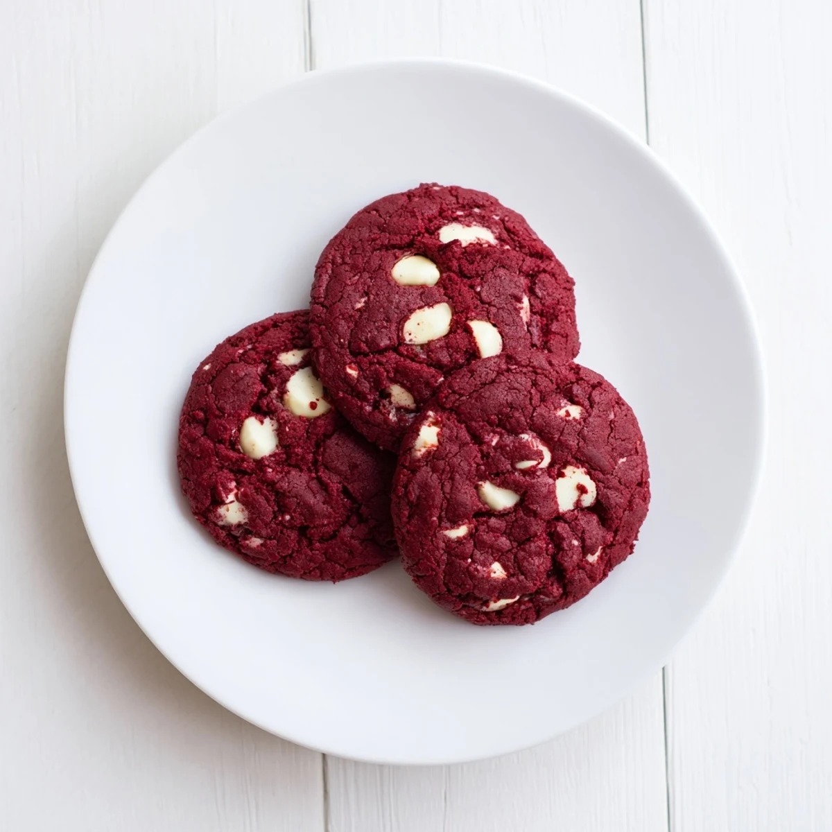 Soft, chewy Red Velvet Cookies studded with white chocolate chips, arranged on a wire cooling rack for serving.