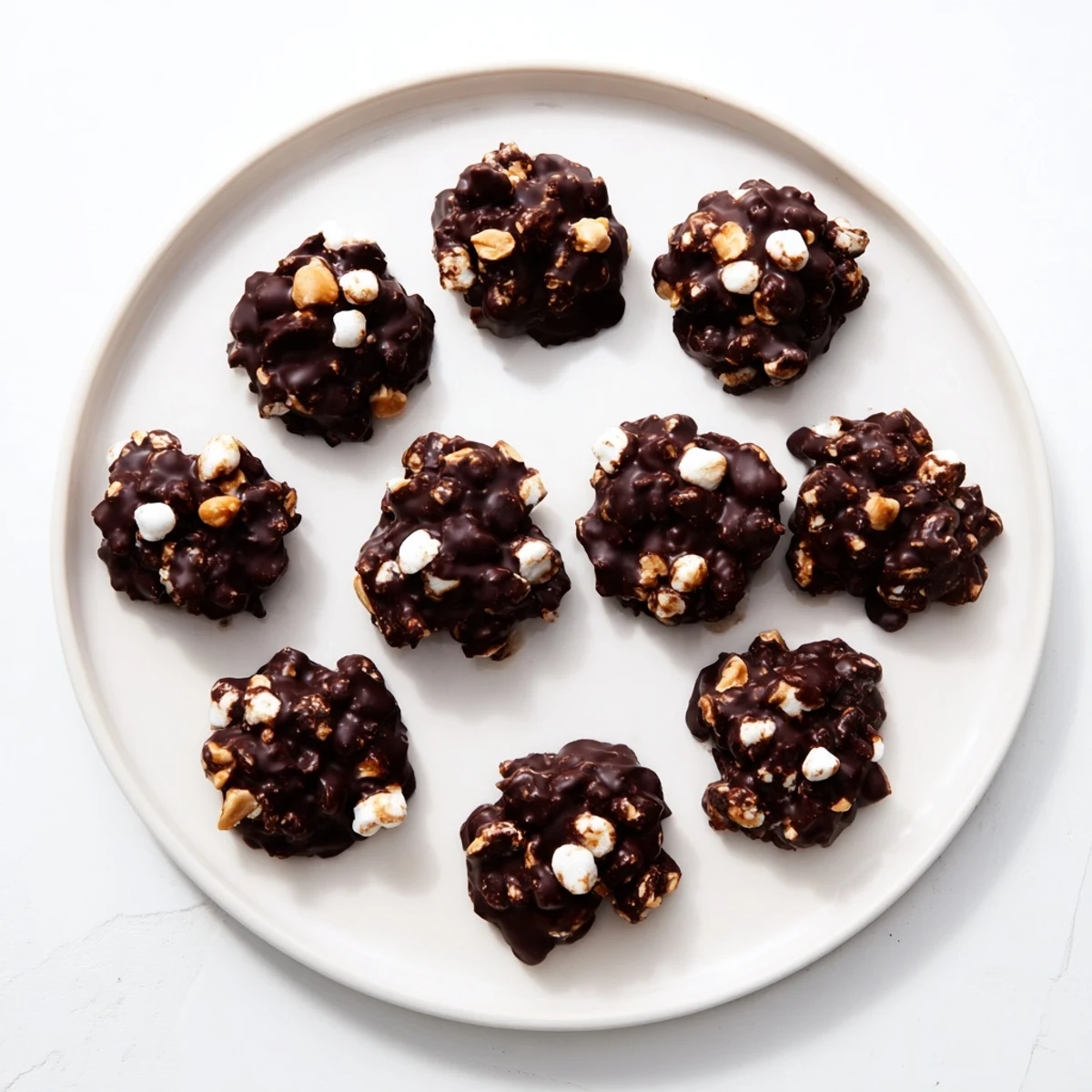 Glazed Peanut Marshmallow Clusters on parchment, showcasing melted chocolate and fluffy white marshmallows for easy snacking.