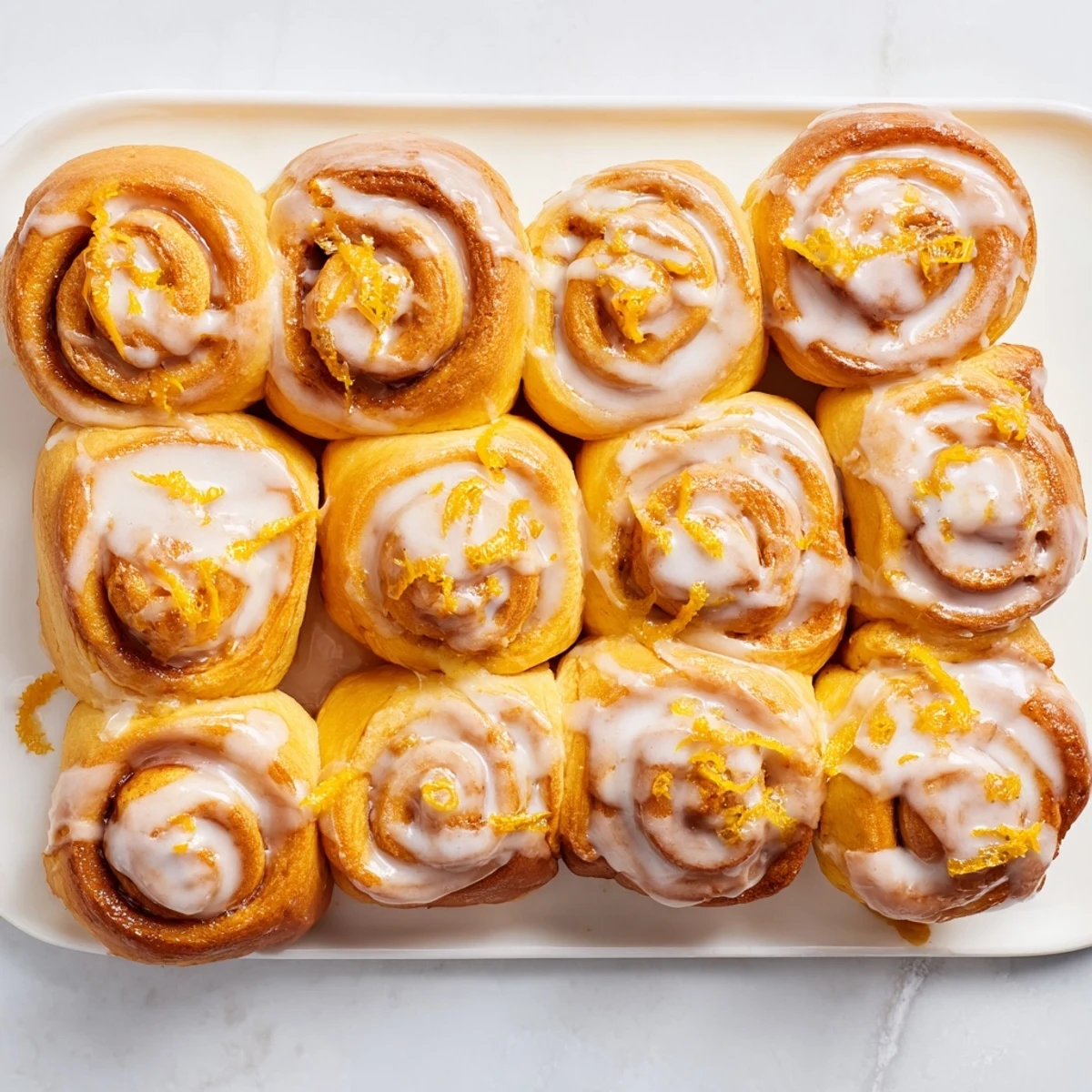 A close-up of warm Homemade Glazed Orange Rolls showing fluffy texture and sweet orange glaze drizzled over the tops.