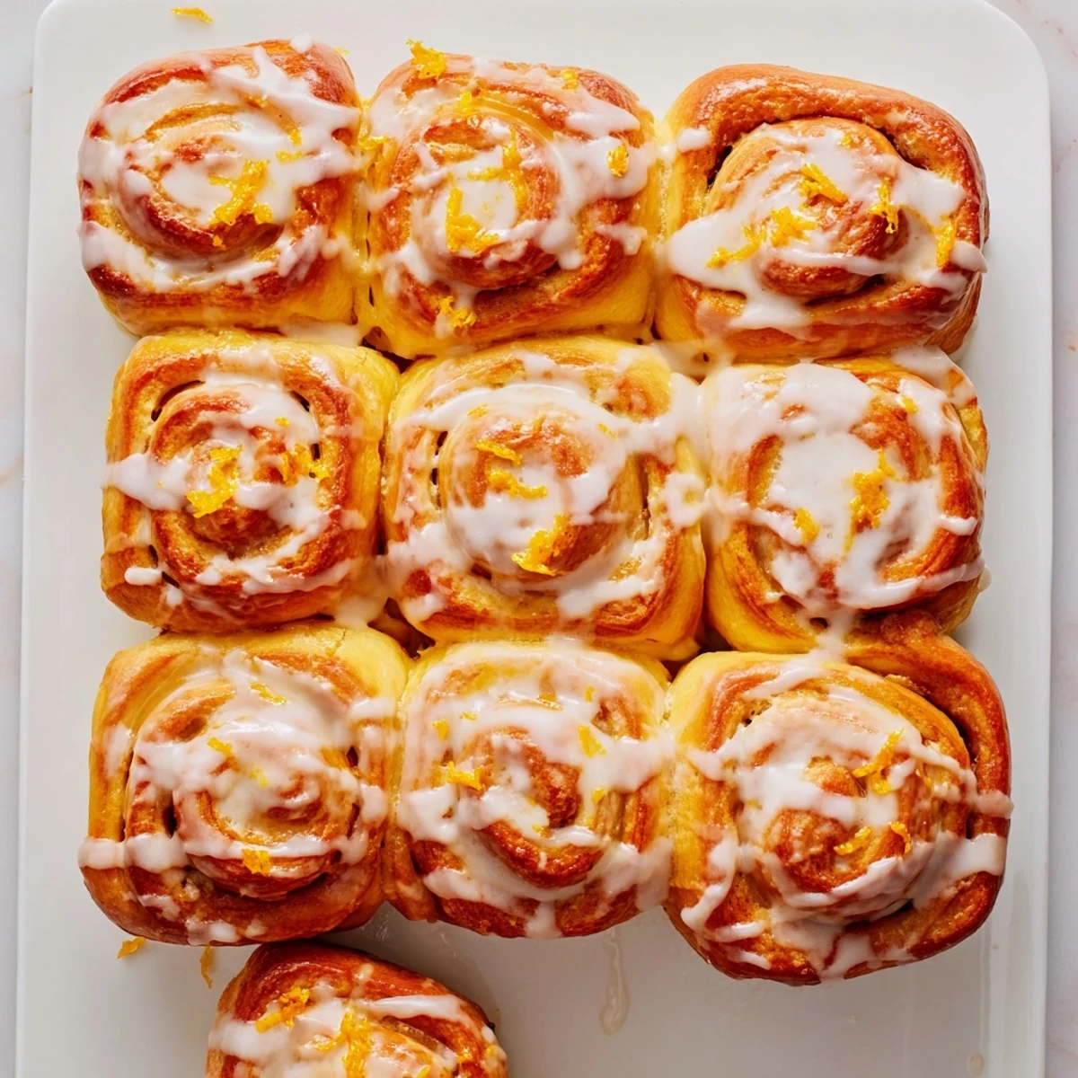 Homemade Glazed Orange Rolls on a rustic table, paired with coffee for an inviting morning brunch spread.