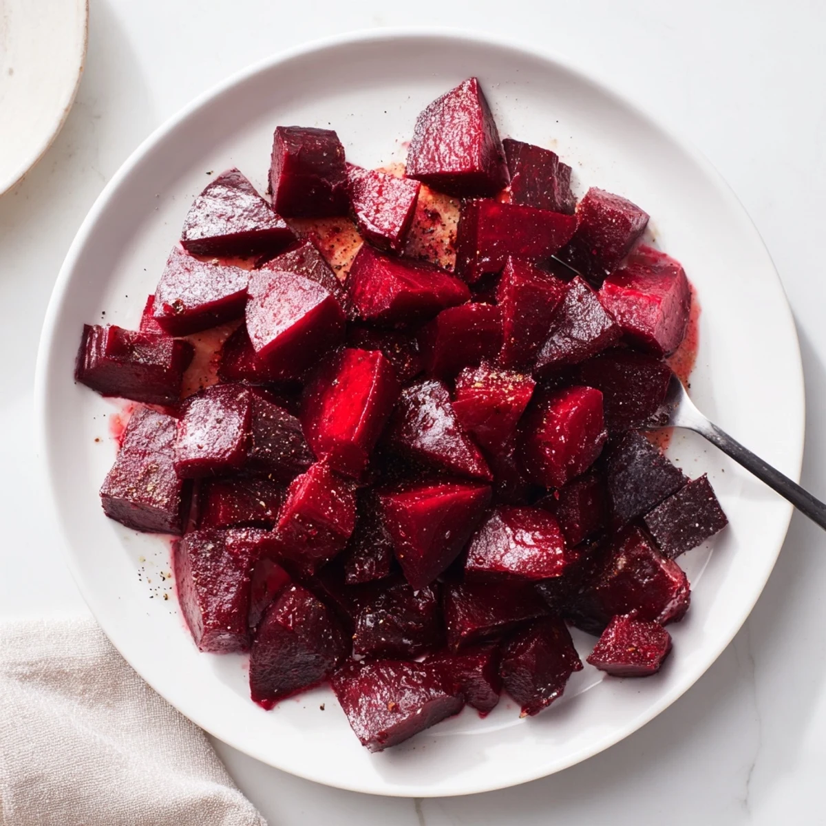 Roasted beets glistening with olive oil and balsamic vinegar, an easy American side dish ready to serve.