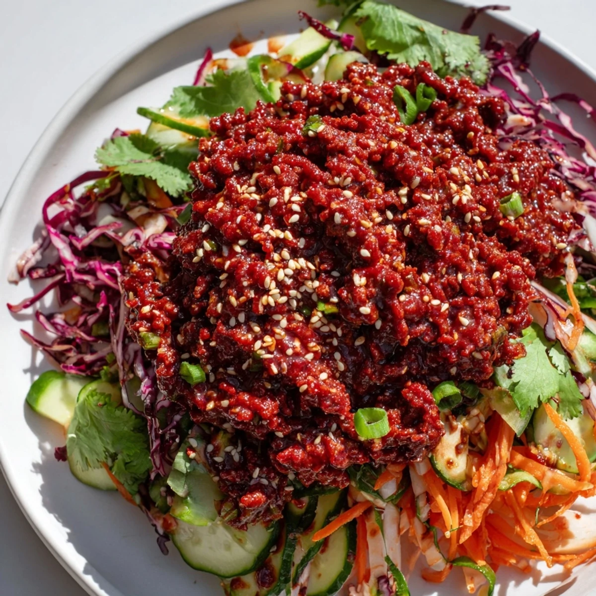Spicy Keto Korean Ground Beef Salad served in a fresh bowl with crisp greens and cucumber.