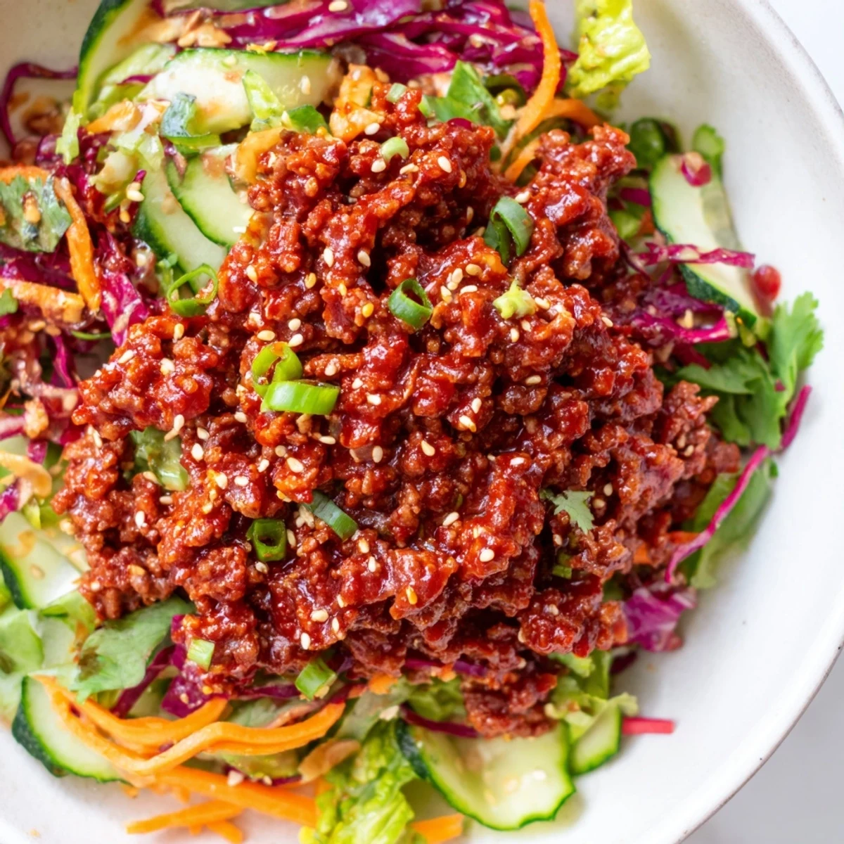 Topped with savory beef, sesame seeds, and a tangy dressing for a low-carb dinner.