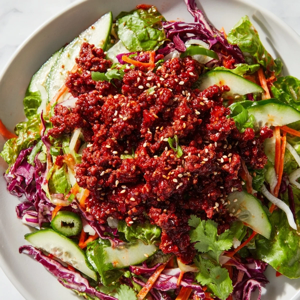 Sizzling Korean beef over mixed salad greens with carrots and green onions for crunch.