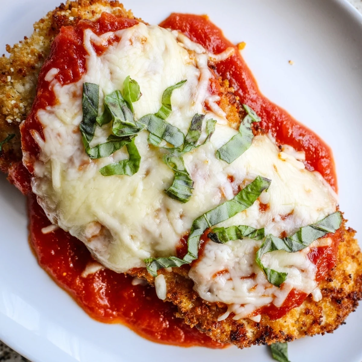 A plated Keto Chicken Parmesan garnished with fresh basil sits beside zucchini noodles for a complete, satisfying Italian-inspired meal.
